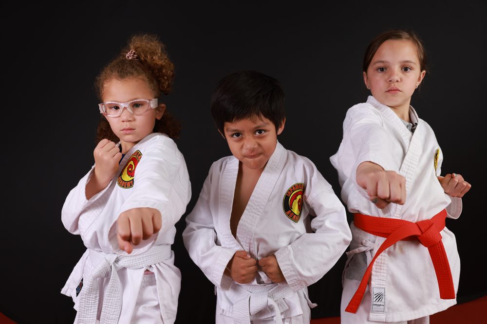 Young karate students posing in uniform